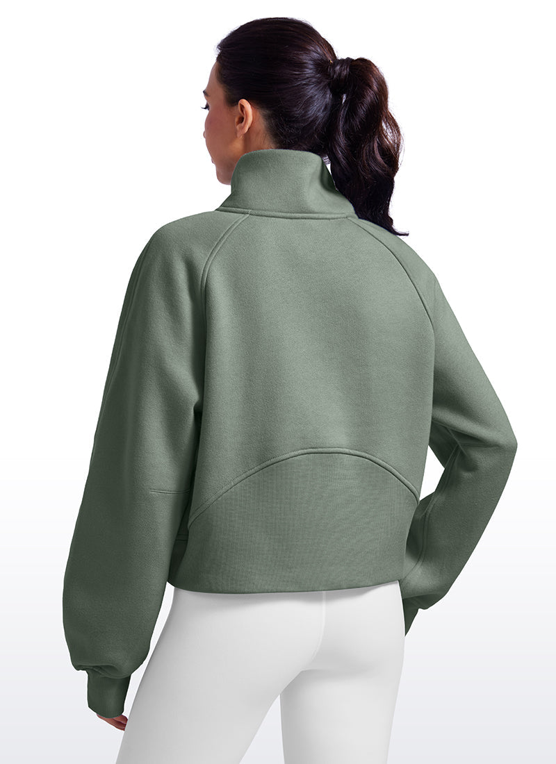Fleece Lined Half Zip Hoodies Funnel Neck with Thumb Holes