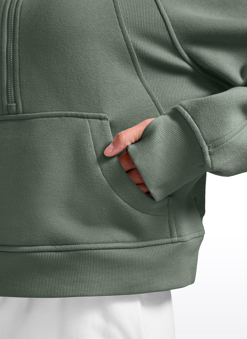 Fleece Lined Half Zip Hoodies Funnel Neck with Thumb Holes